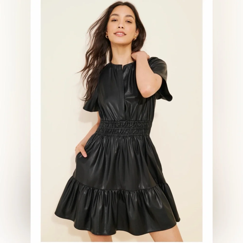 By Anthropologie The Somerset Vegan Leather Mini Dress - black - size medium